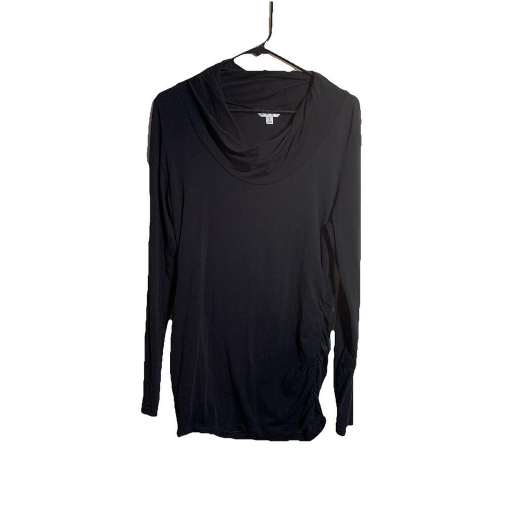CAbi Longe Sleeve Top Womens Large Black Twisted Cowl Neck Ruched Side Casual